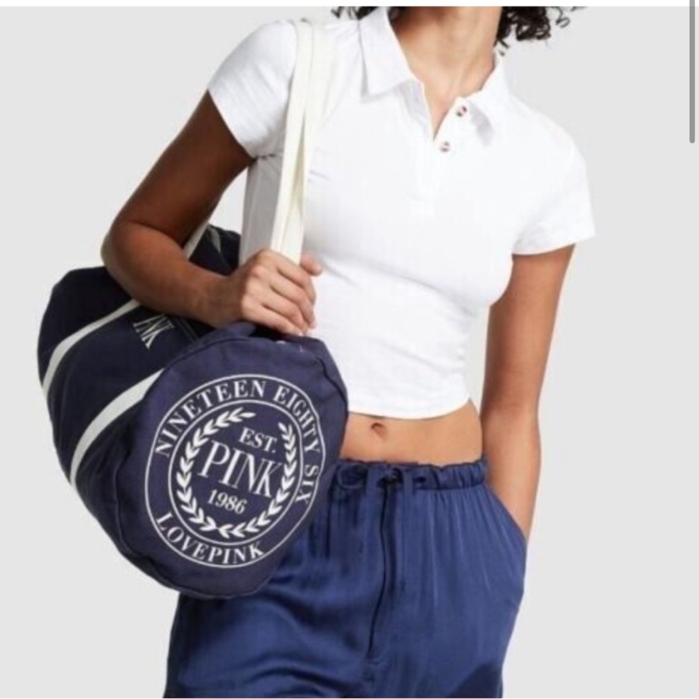 NWT PINK Victoria’s Secret Navy Blue and White Canvas Duffel Bag Gym Bag